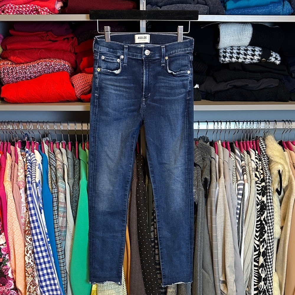 Agolde blue 4 pocket skinny leg cropped raw hem jeans size 27